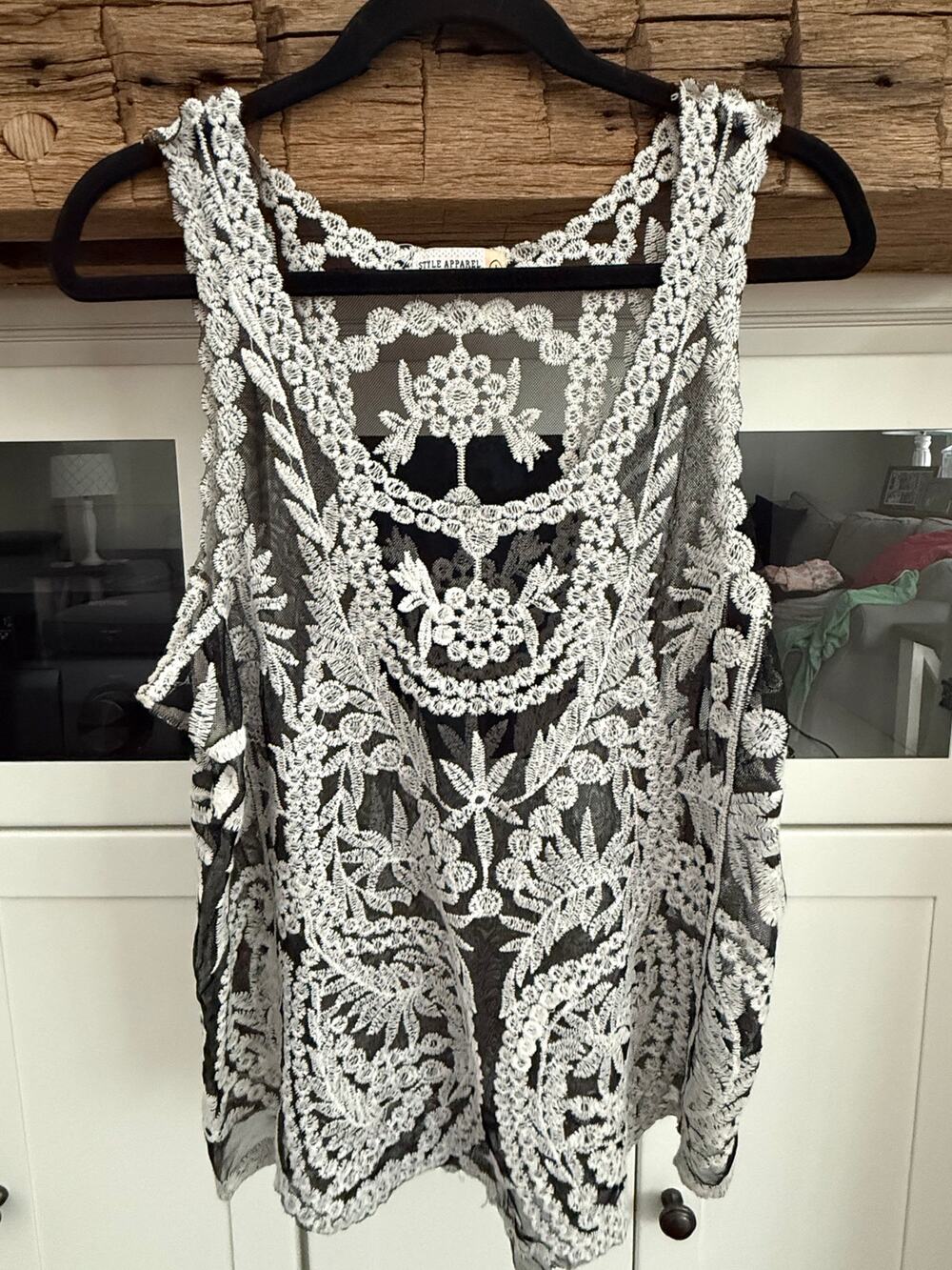 Style Apparel Black Sheer Lace Crochet Tank Top Sz L Boho Layering